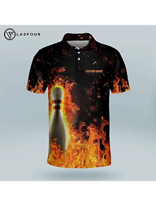 LASFOUR Personalized Flame Bowling Shirts for Men, Custom Bowling Team Shirts for Men, USA Bowling Short Sleeve Polo Shirts