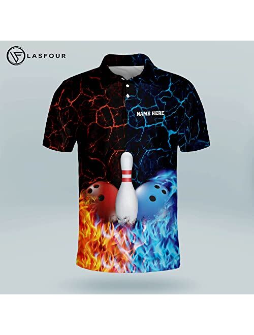 LASFOUR Personalized Flame Bowling Shirts for Men, Custom Fire Bowling Team Shirts for Men, Funny Bowling Short Sleeve Polo