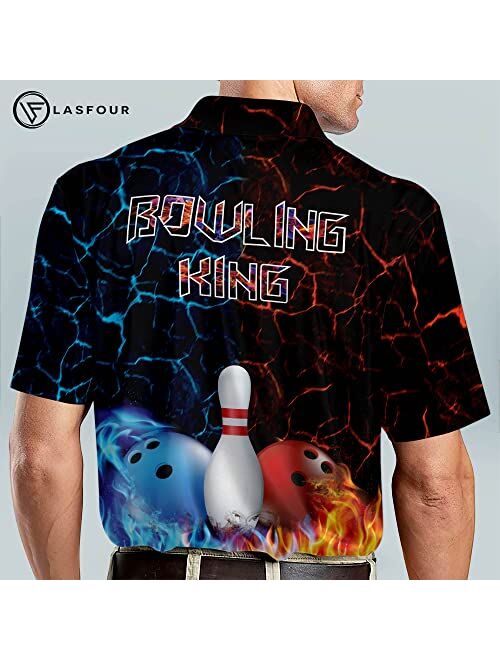 LASFOUR Personalized Flame Bowling Shirts for Men, Custom Fire Bowling Team Shirts for Men, Funny Bowling Short Sleeve Polo