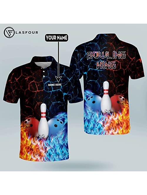 LASFOUR Personalized Flame Bowling Shirts for Men, Custom Fire Bowling Team Shirts for Men, Funny Bowling Short Sleeve Polo