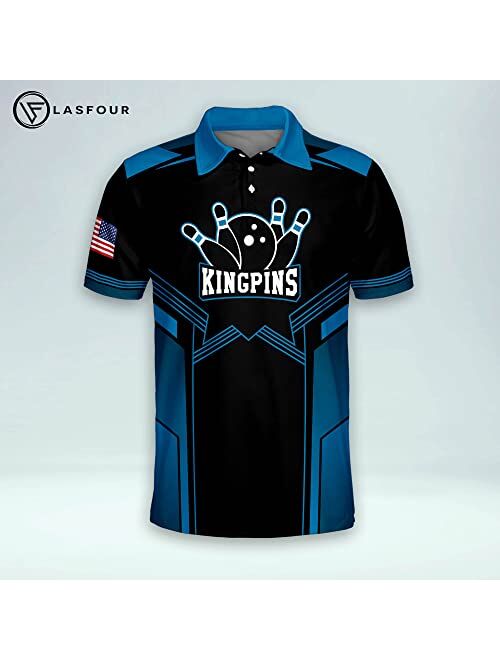 LASFOUR Custom Bowling Shirts for Men, Mens Bowling Polo Shirts Short Sleeve, King Pin Bowling Team Shirt for Men and Women