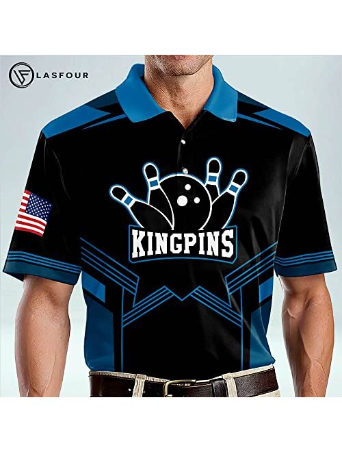 LASFOUR Custom Bowling Shirts for Men, Mens Bowling Polo Shirts Short Sleeve, King Pin Bowling Team Shirt for Men and Women