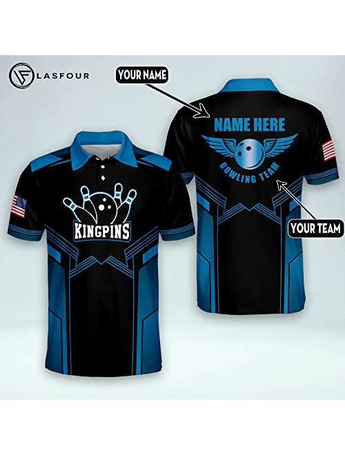 LASFOUR Custom Bowling Shirts for Men, Mens Bowling Polo Shirts Short Sleeve, King Pin Bowling Team Shirt for Men and Women