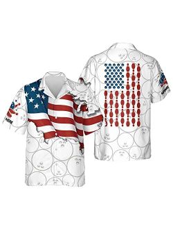 LASFOUR Custom Bowling Shirts for Men, Men's USA Bowling Button-Down Short Sleeve Hawaiian Shirt for Men, Bowling Flag Shirt
