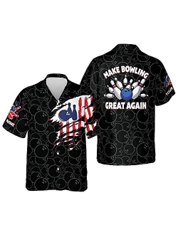 LASFOUR Custom Bowling Shirts for Men, Men's USA Bowling Button-Down Short Sleeve Hawaiian Shirt for Men, Bowling Flag Shirt