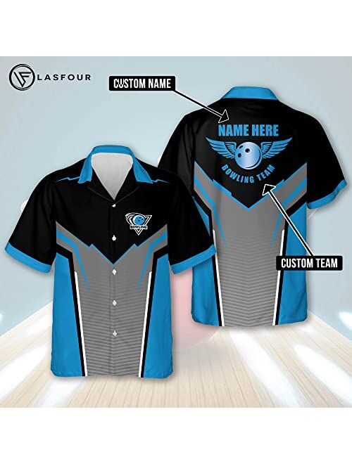 LASFOUR Custom Bowling Hawaiian Shirts for Men, Men's Bowling Button-Down Short Sleeve, Bowling Team Shirts for Men