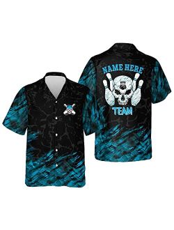 LASFOUR Custom Bowling Team Shirts for Men, Men's Bowling Button-Down Short Sleeve Hawaiian Shirt, Skull Flame Bowling Shirt
