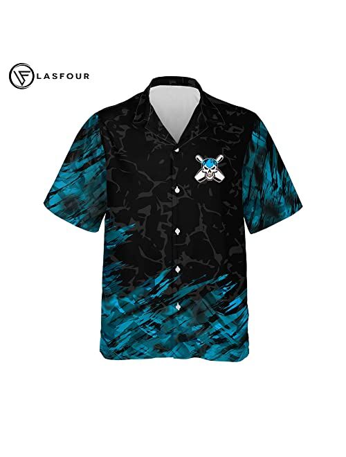 LASFOUR Custom Bowling Team Shirts for Men, Men's Bowling Button-Down Short Sleeve Hawaiian Shirt, Skull Flame Bowling Shirt