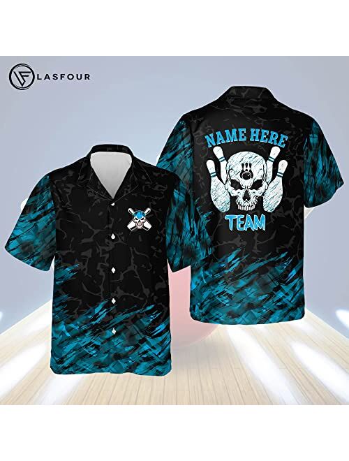 LASFOUR Custom Bowling Team Shirts for Men, Men's Bowling Button-Down Short Sleeve Hawaiian Shirt, Skull Flame Bowling Shirt