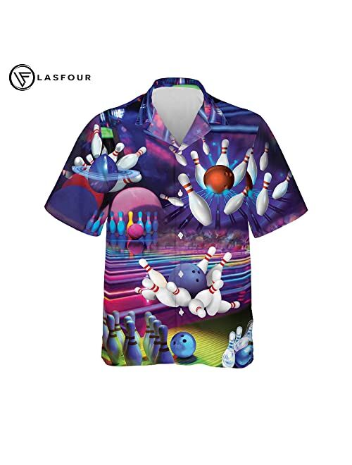 LASFOUR Custom Funny Bowling Shirts with Names, Button-Down Short Sleeve Hawaiian Bowling Shirt, Crazy Bowling Shirts for Men