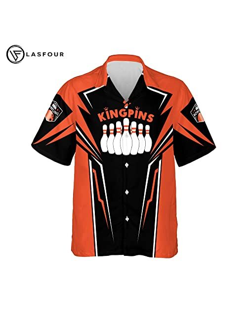 LASFOUR Custom Bowling Shirts for Men, Men's Bowling Button-Down Short Sleeve Hawaiian Shirts, Bowling Team Shirts for Men