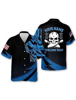 LASFOUR Bowling Shirts for Men, Men's Skull Bowling Button-Down Short Sleeve Hawaiian Shirts, Custom Bowling Shirts with Name