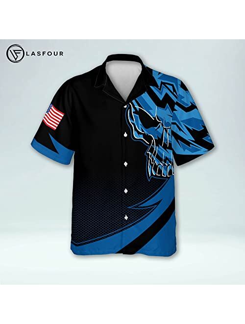 LASFOUR Bowling Shirts for Men, Men's Skull Bowling Button-Down Short Sleeve Hawaiian Shirts, Custom Bowling Shirts with Name