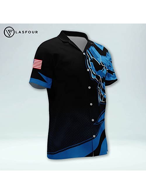 LASFOUR Bowling Shirts for Men, Men's Skull Bowling Button-Down Short Sleeve Hawaiian Shirts, Custom Bowling Shirts with Name