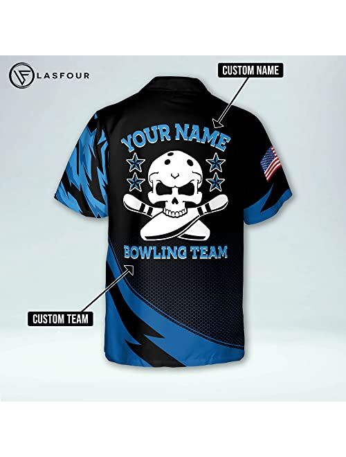 LASFOUR Bowling Shirts for Men, Men's Skull Bowling Button-Down Short Sleeve Hawaiian Shirts, Custom Bowling Shirts with Name