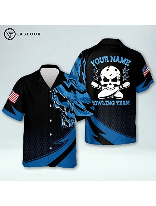 LASFOUR Bowling Shirts for Men, Men's Skull Bowling Button-Down Short Sleeve Hawaiian Shirts, Custom Bowling Shirts with Name