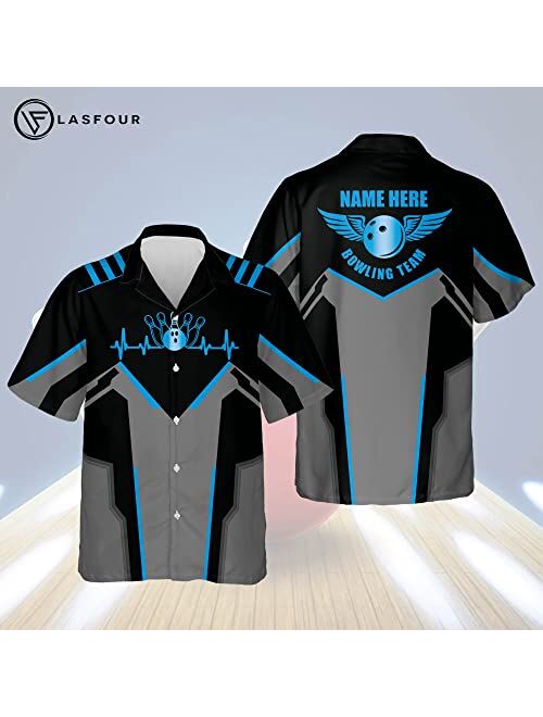 LASFOUR Custom Bowling Shirts for Men, Crazy Bowling Team Button-Down Short Sleeve Hawaiian Shirts for Men and Women