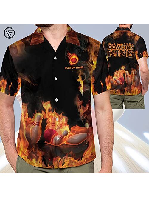LASFOUR Custom Flame Bowling Shirts for Men, Men's Bowling Button-Down Short-Sleeve Hawaiian Shirts, Bowling Team Shirts.