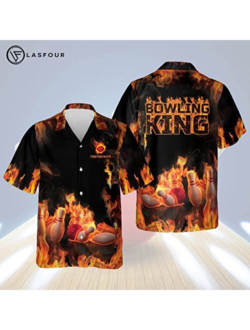 LASFOUR Custom Flame Bowling Shirts for Men, Men's Bowling Button-Down Short-Sleeve Hawaiian Shirts, Bowling Team Shirts.