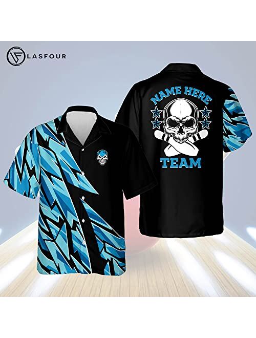 LASFOUR Custom Skull Bowling Shirts for Men, Bowling Button-Down Short Sleeve Casual Hawaiian Shirt, Skull Bowling Team Shirt