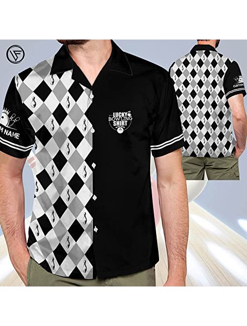 LASFOUR Bowling Shirts for Men, Men's Bowling Button-Down Short Sleeve Hawaiian Shirts, Custom Funny Crazy Team Bowling Shirt