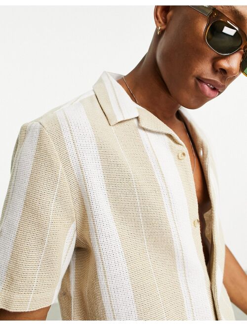 ASOS DESIGN camp collar textured stripe shirt in beige