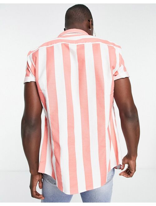 ASOS DESIGN stretch slim oxford striped shirt in coral