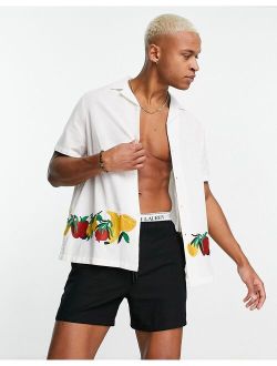 relaxed revere linen mix shirt with fruit embroidered border