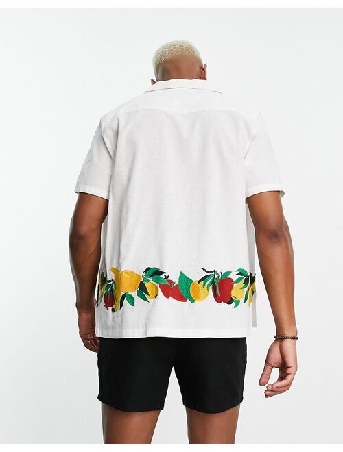 ASOS DESIGN relaxed revere linen mix shirt with fruit embroidered border