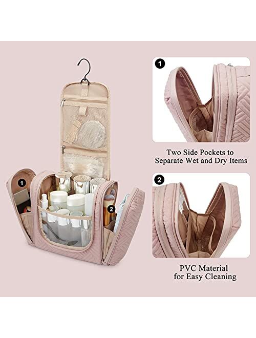 BAGSMART Toiletry Bag, Travel Toiletry Organizer with hanging hook, Water-resistant Cosmetic Makeup Bag Travel Organizer for Shampoo, Full Sized Container, Toiletries, Pi
