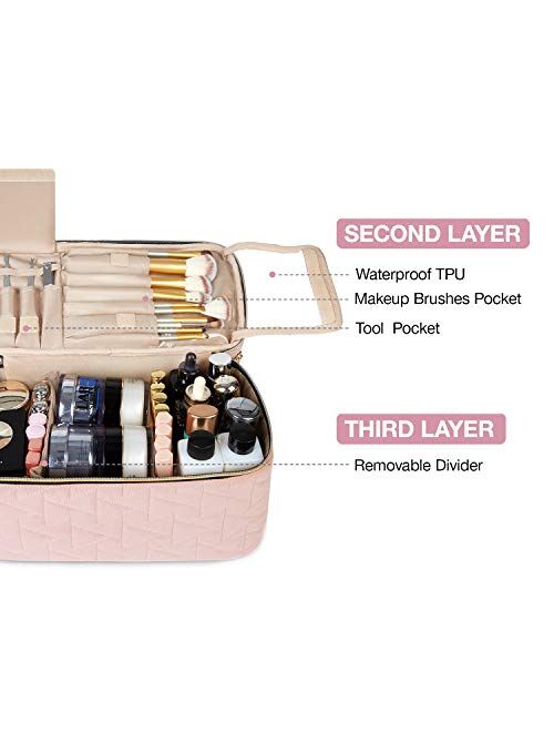 BAGSMART Large Makeup Bag Organizer,Double-Layer Travel Cosmetic Case with Acrylic Mirror,Makeup Train Case for Women Cosmetics, Makeup Brushes, Toiletries,Pink