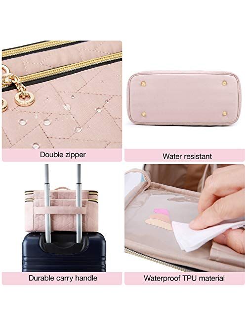 BAGSMART Large Makeup Bag Organizer,Double-Layer Travel Cosmetic Case with Acrylic Mirror,Makeup Train Case for Women Cosmetics, Makeup Brushes, Toiletries,Pink