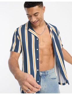 striped revere collar shirt in navy