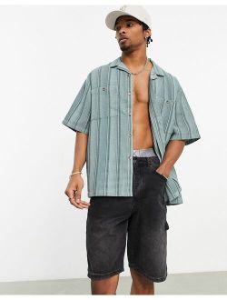 boxy oversized revere stripe shirt with waffle texture in green