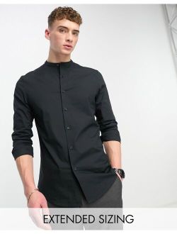 easy iron slim fit poplin shirt with grandpa collar in black
