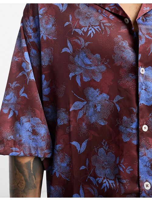 ASOS DESIGN dropped shoulder oversized camp collar satin shirt in brown floral