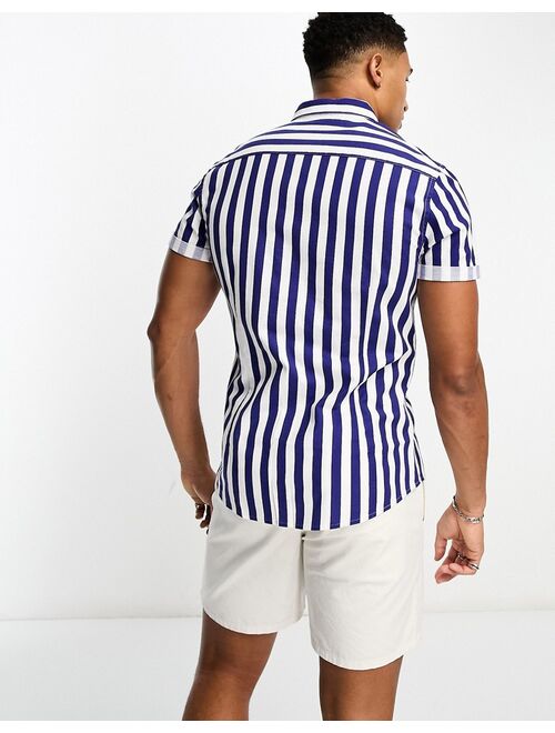 ASOS DESIGN stretch slim oxford stripe shirt in navy