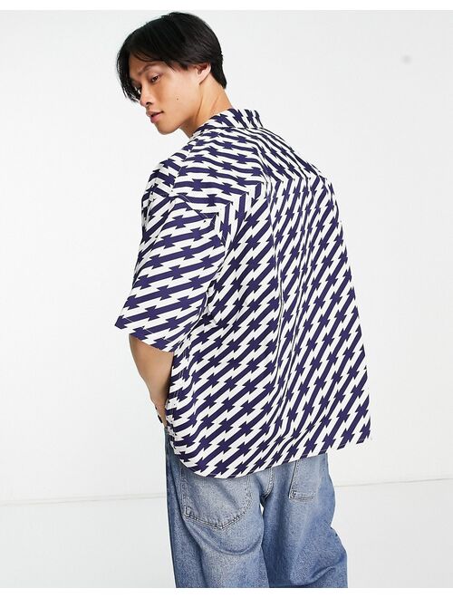 ASOS DESIGN boxy oversized shirt with zigzag stripe in navy & white