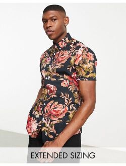 stretch slim shirt in black and red floral print