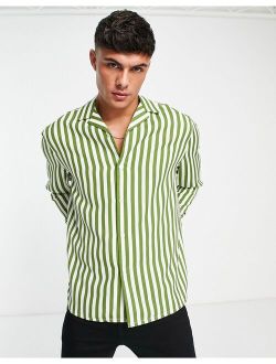relaxed deep camp collar shirt in olive green stripe