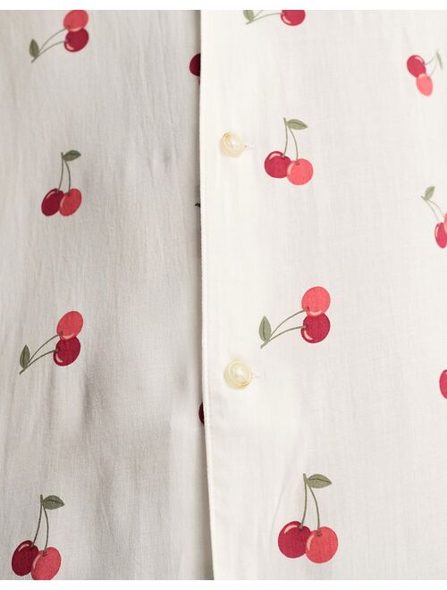 ADPT oversized revere collar short sleeve shirt in cherry print in white