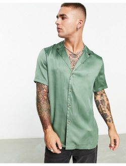 satin shirt with deep camp collar in sage green