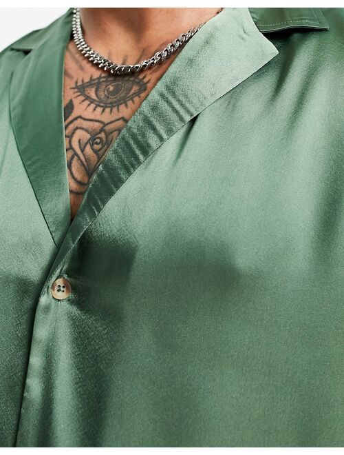 ASOS DESIGN satin shirt with deep camp collar in sage green