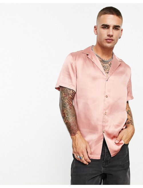 ASOS DESIGN satin shirt with deep revere collar in dusty pink