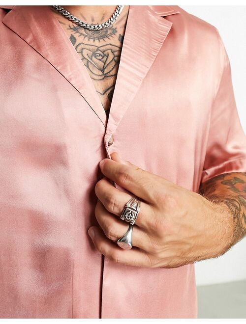 ASOS DESIGN satin shirt with deep revere collar in dusty pink