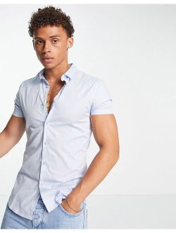 short sleeve muscle fit poplin shirt in light blue