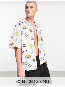 boxy oversized revere linen mix shirt in doodle print