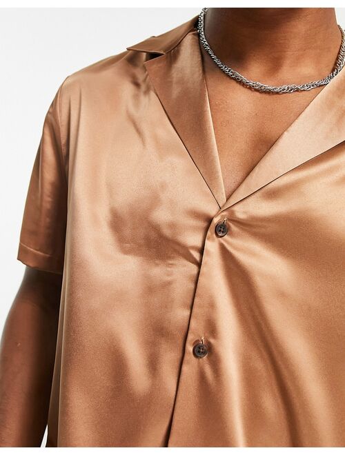 ASOS DESIGN relaxed satin shirt with deep camp collar in light brown