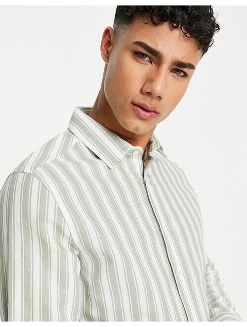 ASOS DESIGN regular linen stripe work shirt in sage green