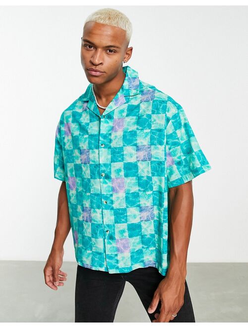 ASOS DESIGN boxy oversized camp collar shirt in green grid checkerboard